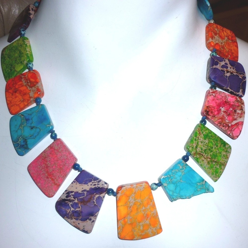 Imperial Jasper Slab Statement‎ Necklace Multicolor Dyed Magnetic Closure 20in